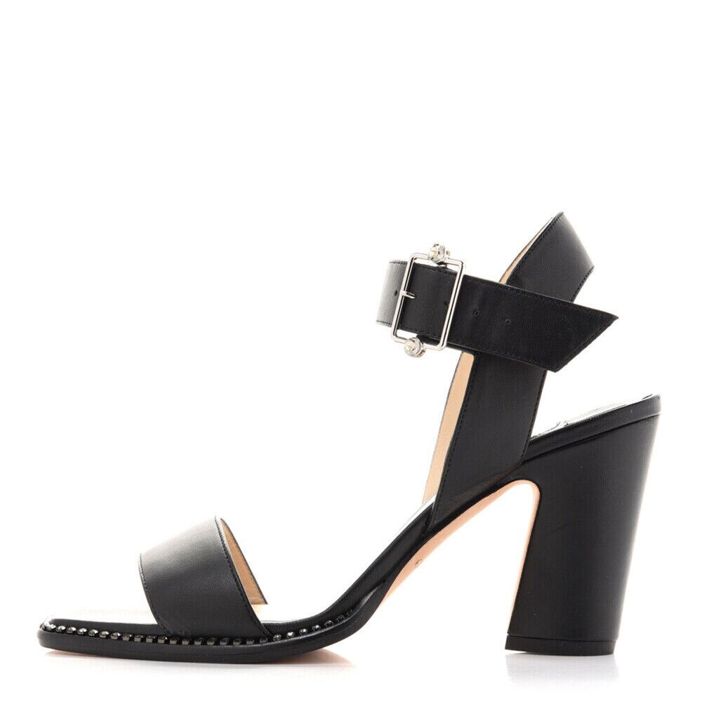 Jimmy Choo Minase Black Leather Crystal Block Heel Ankle Strap Sandals 40.5
